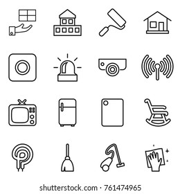 Thin line icon set : gift, cottage, repair, home, ring button, alarm, surveillance camera, wireless, tv, fridge, cutting board, rocking chair, elecric oven, broom, vacuum cleaner, wiping