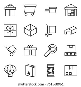 Thin line icon set : gift, delivery, warehouse, box, cargo stoller, trolley, hi quality package, search, transporter tape, parachute, cereals, pasta