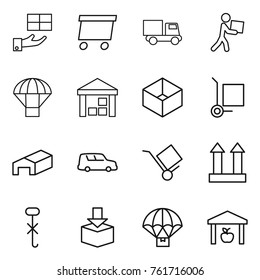 Thin line icon set : gift, delivery, truck, courier, parachute, warehouse, box, cargo stoller, car shipping, trolley, top sign, do not hook, package