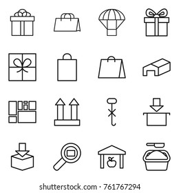 Thin line icon set : gift, shopping bag, parachute, warehouse, consolidated cargo, top sign, do not hook, package, search, washing powder