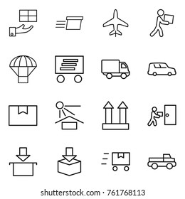 Thin line icon set : gift, delivery, plane, courier, parachute, car shipping, package box, sun potection, cargo top sign, fast deliver, pickup