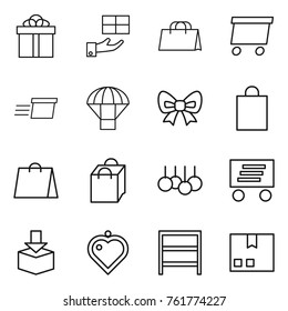 Thin line icon set : gift, shopping bag, delivery, parachute, bow, sale, package, heart pendant, rack