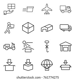 Thin line icon set : gift, delivery, plane, truck, courier, box, warehouse, shipping, scooter, sun potection, do not hook sign, package, parachute