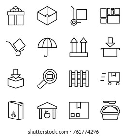 Thin line icon set : gift, box, cargo stoller, consolidated, trolley, dry, top sign, package, search, pallet, fast deliver, cereals, warehouse, washing powder