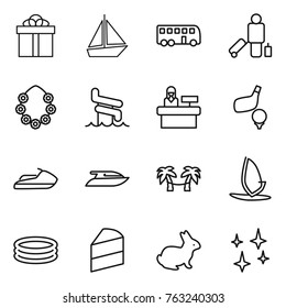 Thin line icon set : gift, boat, bus, passenger, hawaiian wreath, aquapark, reception, golf, jet ski, yacht, palm hammock, windsurfing, inflatable pool, cake, rabbit, shining