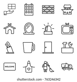 Thin line icon set : gift, building, brick wall, japanese house, bungalow, mirror, alarm, tv, stands for knives, cup, door, repair tools, welcome mat, apron, brooming, home call cleaning