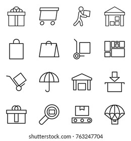 Thin line icon set : gift, delivery, courier, warehouse, shopping bag, cargo stoller, consolidated, trolley, dry, package, hi quality, search, transporter tape, parachute