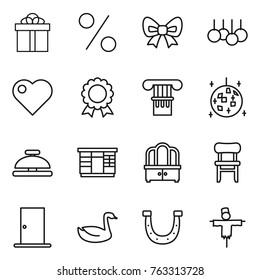 Thin line icon set : gift, percent, bow, sale, heart, medal, column, disco ball, service bell, wardrobe, dresser, chair, door, goose, horseshoe, scarecrow