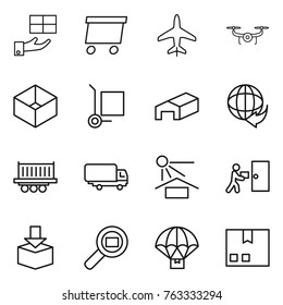 Thin line icon set : gift, delivery, plane, drone, box, cargo stoller, warehouse, truck shipping, sun potection, courier, package, search, parachute