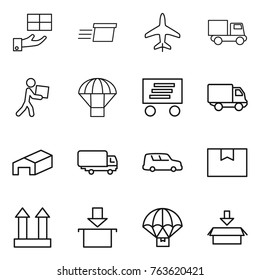 Thin line icon set : gift, delivery, plane, truck, courier, parachute, warehouse, shipping, car, package box, cargo top sign