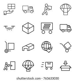 Thin line icon set : gift, truck, courier, parachute, drone, box, delivery, cargo stoller, warehouse, trolley, fast deliver, package