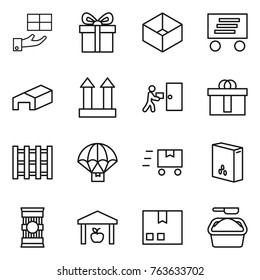 Thin line icon set : gift, box, delivery, warehouse, cargo top sign, courier, hi quality package, pallet, parachute, fast deliver, cereals, pasta, washing powder