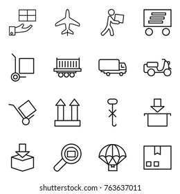 Thin line icon set : gift, plane, courier, delivery, cargo stoller, truck shipping, scooter, trolley, top sign, do not hook, package, search, parachute