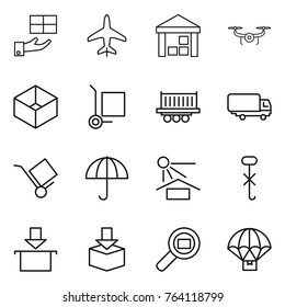 Thin line icon set : gift, plane, warehouse, drone, box, cargo stoller, truck shipping, trolley, dry, sun potection, do not hook sign, package, search, parachute delivery