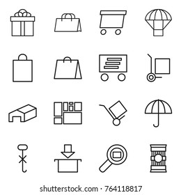 Thin line icon set : gift, shopping bag, delivery, parachute, cargo stoller, warehouse, consolidated, trolley, dry, do not hook sign, package, search, pasta
