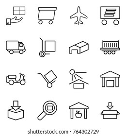 Thin line icon set : gift, delivery, plane, cargo stoller, warehouse, truck shipping, scooter, trolley, sun potection, package, search
