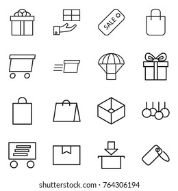 Thin line icon set : gift, sale, shopping bag, delivery, parachute, box, package, label