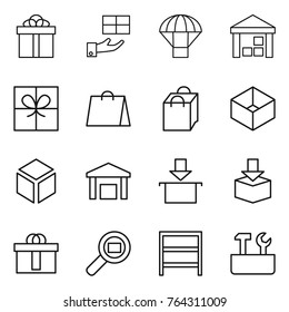 Thin line icon set : gift, parachute, warehouse, shopping bag, box, 3d, package, hi quality, cargo search, rack, repair tools