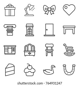 Thin line icon set : gift, table lamp, bow, heart, column, building, door, wardrobe, dresser, chair, rocking, cake, cupcake, goose, horseshoe