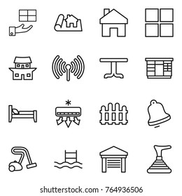 Thin line icon set : gift, project, home, window, japanese house, wireless, table, wardrobe, bed, air conditioning, fence, bell, vacuum cleaner, pool, garage, plunger