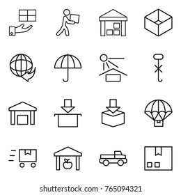 Thin line icon set : gift, courier, warehouse, box, delivery, dry cargo, sun potection, do not hook sign, package, parachute, fast deliver, pickup