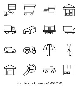 Thin line icon set : gift, delivery, warehouse, truck shipping, car, scooter, dry cargo, do not hook sign, search, pickup, package