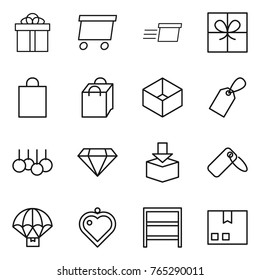 Thin line icon set : gift, delivery, shopping bag, box, label, sale, diamond, package, parachute, heart pendant, rack