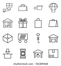 Thin line icon set : gift, shopping bag, delivery, parachute, warehouse, box, do not hook sign, package, pasta