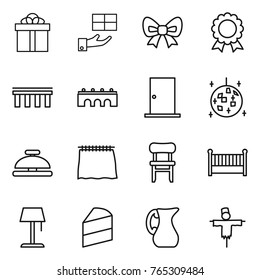Thin line icon set : gift, bow, medal, bridge, door, disco ball, service bell, curtain, chair, crib, floor lamp, cake, jug, scarecrow