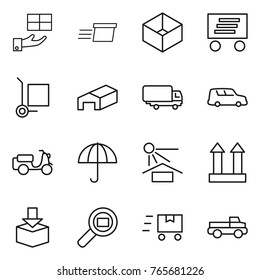 Thin line icon set : gift, delivery, box, cargo stoller, warehouse, shipping, car, scooter, dry, sun potection, top sign, package, search, fast deliver, pickup