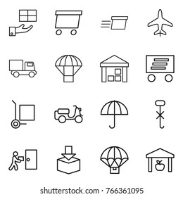Thin line icon set : gift, delivery, plane, truck, parachute, warehouse, cargo stoller, scooter shipping, dry, do not hook sign, courier, package