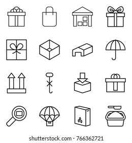 Thin line icon set : gift, shopping bag, warehouse, box, dry cargo, top sign, do not hook, package, hi quality, search, parachute delivery, cereals, washing powder