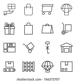 Thin line icon set : gift, shopping bag, delivery, parachute, cargo stoller, consolidated, trolley, do not hook sign, warehouse, transporter tape, pallet, package