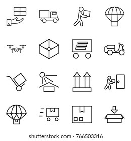 Thin line icon set : gift, truck, courier, parachute, drone, box, delivery, scooter shipping, trolley, sun potection, cargo top sign, fast deliver, package