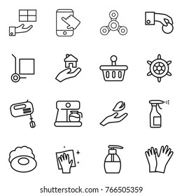 Thin line icon set : gift, touch, spinner, hand coin, cargo stoller, real estate, basket, handwheel, mixer, coffee maker, leaf, sprayer, soap, wiping, liquid, gloves