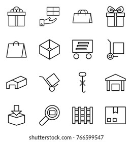 Thin line icon set : gift, shopping bag, box, delivery, cargo stoller, warehouse, trolley, do not hook sign, package, search, pallet