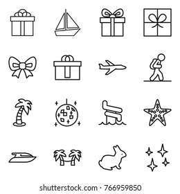 Thin line icon set : gift, boat, bow, hi quality package, plane, tourist, palm, disco ball, aquapark, starfish, yacht, hammock, rabbit, shining