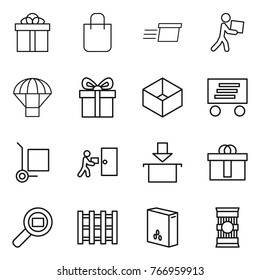 Thin line icon set : gift, shopping bag, delivery, courier, parachute, box, cargo stoller, package, hi quality, search, pallet, cereals, pasta