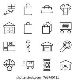 Thin line icon set : gift, shopping bag, parachute, warehouse, delivery, consolidated cargo, do not hook sign, search, fast deliver, pasta
