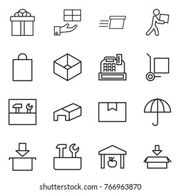 Thin line icon set : gift, delivery, courier, shopping bag, box, cashbox, cargo stoller, tools, warehouse, package, dry, repair