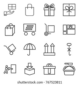Thin line icon set : gift, shopping bag, delivery, cargo stoller, consolidated, trolley, dry, top sign, do not hook, courier, package, hi quality, washing powder