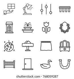 Thin line icon set : gift, table lamp, equalizer, bridge, building, fountain, perishable, hawaiian wreath, disco ball, restaurant, curtain, dresser, crib, door, goose, horseshoe