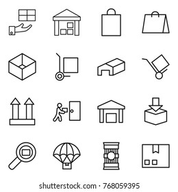 Thin line icon set : gift, warehouse, shopping bag, box, cargo stoller, trolley, top sign, courier delivery, package, search, parachute, pasta
