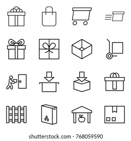 Thin line icon set : gift, shopping bag, delivery, box, cargo stoller, courier, package, hi quality, pallet, cereals, warehouse