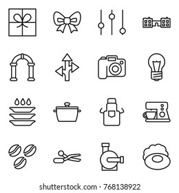 Thin line icon set : gift, bow, equalizer, school, arch, route, camera, bulb, plate washing, pan, apron, coffee maker, seeds, scissors, water pump, soap