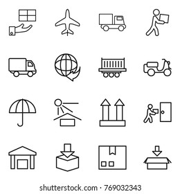 Thin line icon set : gift, plane, truck, courier, delivery, shipping, scooter, dry cargo, sun potection, top sign, warehouse, package