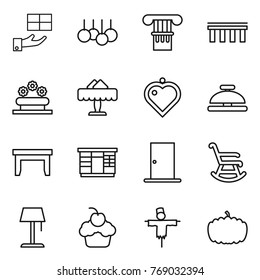 Thin line icon set : gift, sale, column, bridge, flower bed, restaurant, heart pendant, service bell, table, wardrobe, door, rocking chair, floor lamp, cupcake, scarecrow, pumpkin