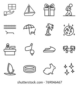 Thin line icon set : gift, boat, tourist, lounger, palm, disco ball, reception, golf, jet ski, hammock, windsurfing, inflatable pool, rabbit, shining