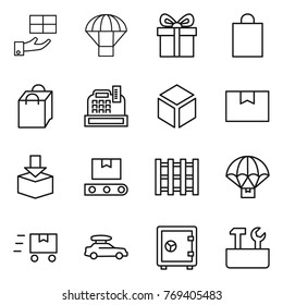 Thin line icon set : gift, parachute, shopping bag, cashbox, 3d, package box, transporter tape, pallet, delivery, fast deliver, car baggage, safe, repair tools