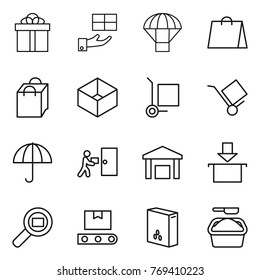 Thin line icon set : gift, parachute, shopping bag, box, cargo stoller, trolley, dry, courier delivery, warehouse, package, search, transporter tape, cereals, washing powder